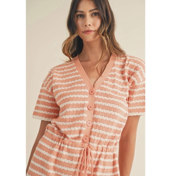 Mable Gretel Salmon White Striped Drawstring Waist Knit Short Romper Women's S/M - Picture 2 of 8
